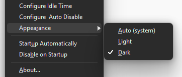 Control Screen Saver 2.0 menu in dark mode with the Light, Dark and Auto Appearance submenu on Windows 11