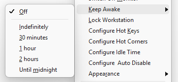Control Screen Saver 2.0 Keep Awake submenu with 30 minutes, 1 hour, 2 hours and until midnight options on Windows