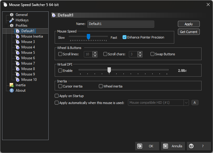 Mouse Speed Switcher 5.0 settings window in dark theme on Windows 11