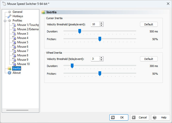 Mouse Speed Switcher 5.0 inertia settings page with threshold, duration and friction sliders for cursor and wheel