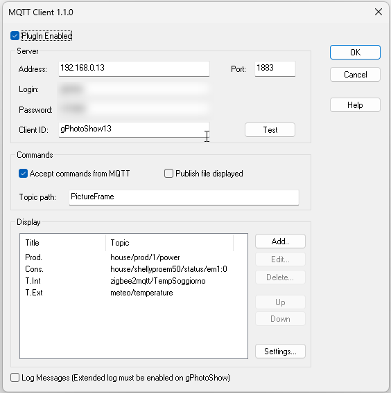 gPhotoShow Pro MQTT plugin configuration panel, showing broker address, port and topic fields