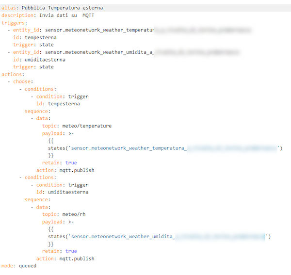 Home Assistant automation, YAML snippet showing the publish-to-MQTT automation for one of the sensors