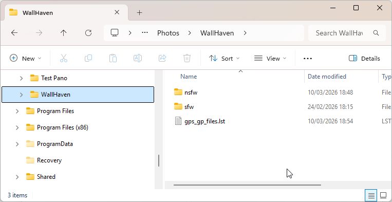 Windows Explorer showing WallHaven folder with nsfw and sfw wallpaper subfolders