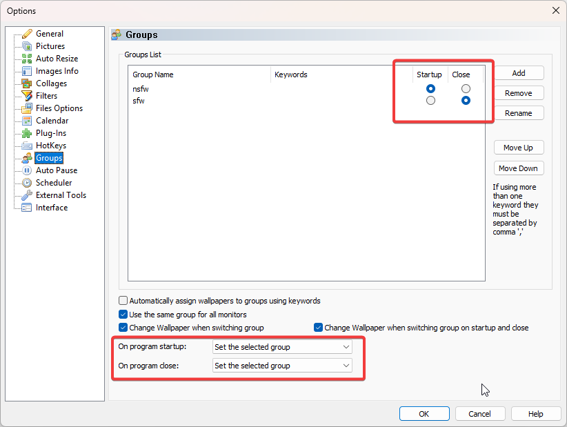 Wallpaper Slideshow Pro Groups settings with nsfw as startup group and sfw as shutdown group