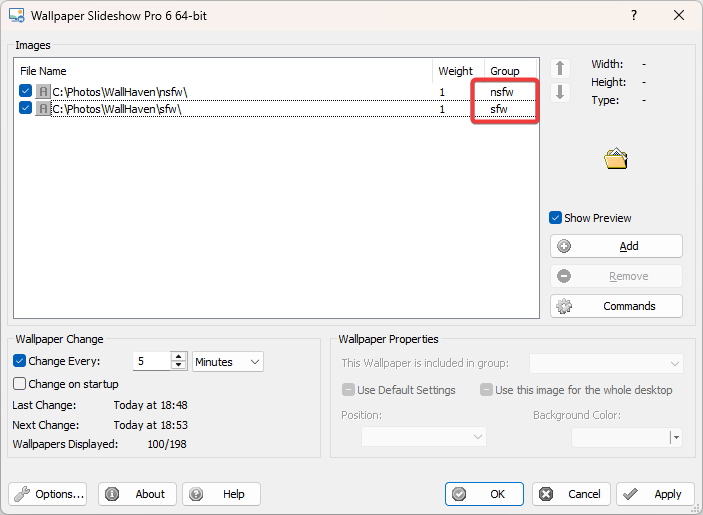Wallpaper Slideshow Pro main window with sfw and nsfw wallpaper folders assigned to groups