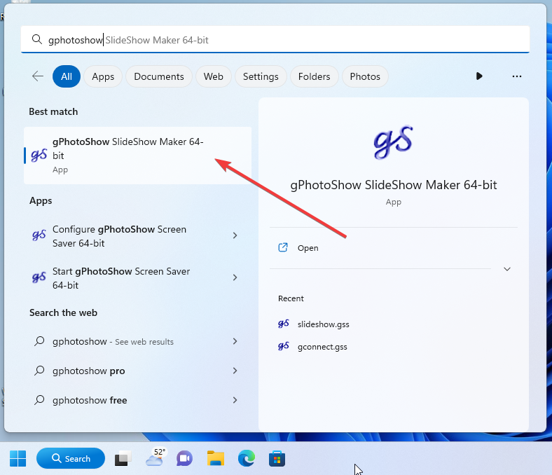 gPhotoShow in the Windows Start Menu