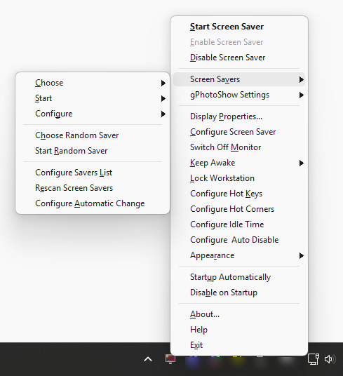 Control Screen Saver system tray menu on Windows
