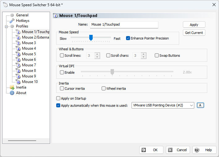 Mouse Speed Switcher settings window showing profile configuration with speed slider, acceleration options, Virtual DPI and inertia settings