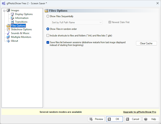 Free Windows photo screen saver - File options